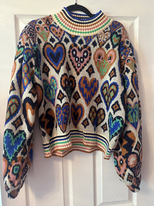 FARM RIO HEART SWEATER SIZE LARGE