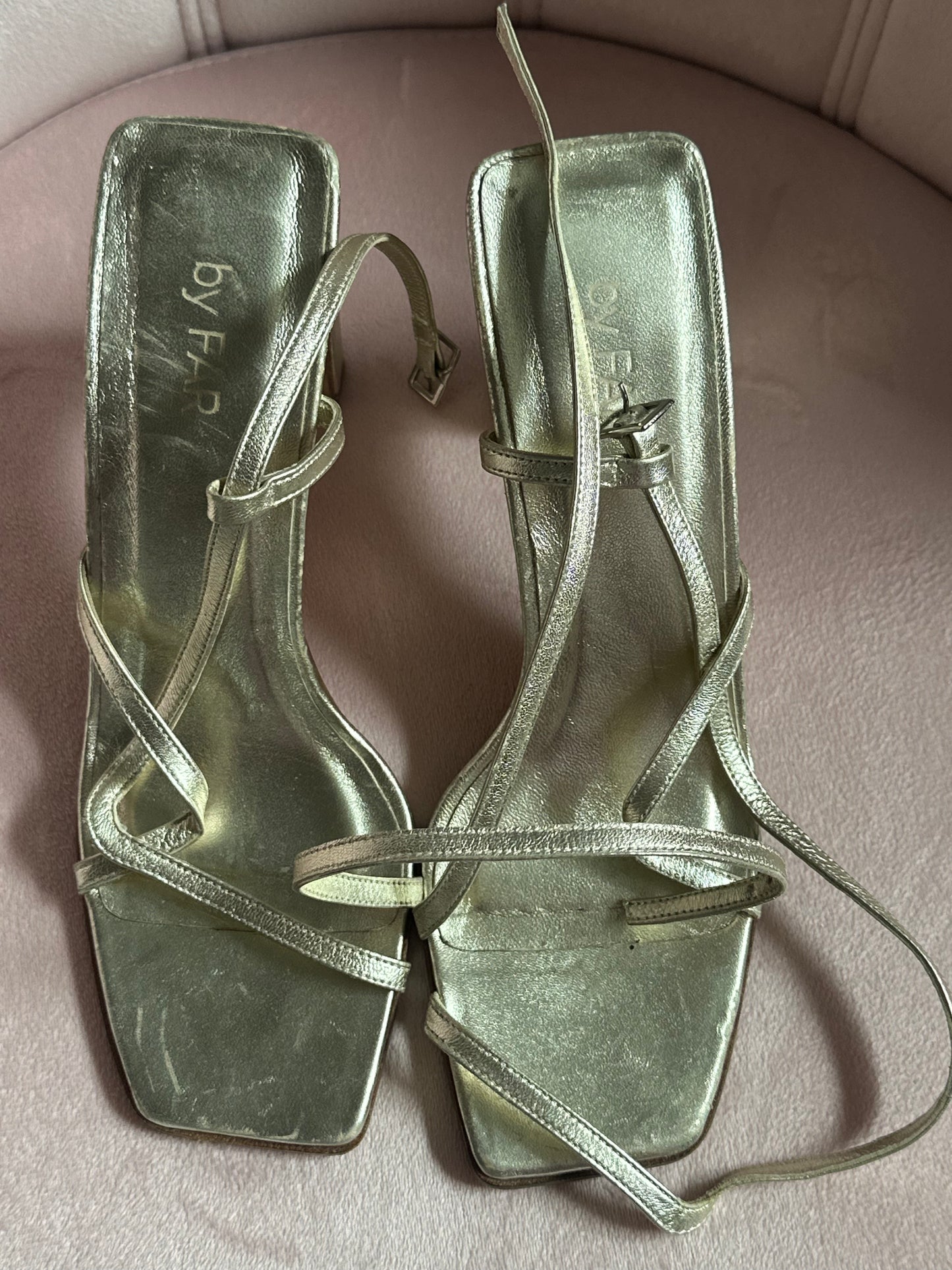 BY FAR GOLD STRAPPY SANDALS SIZE IT38 (7.5-8US)