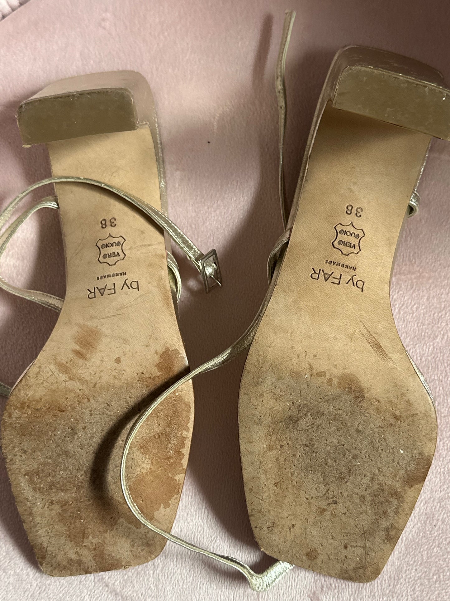 BY FAR GOLD STRAPPY SANDALS SIZE IT38 (7.5-8US)